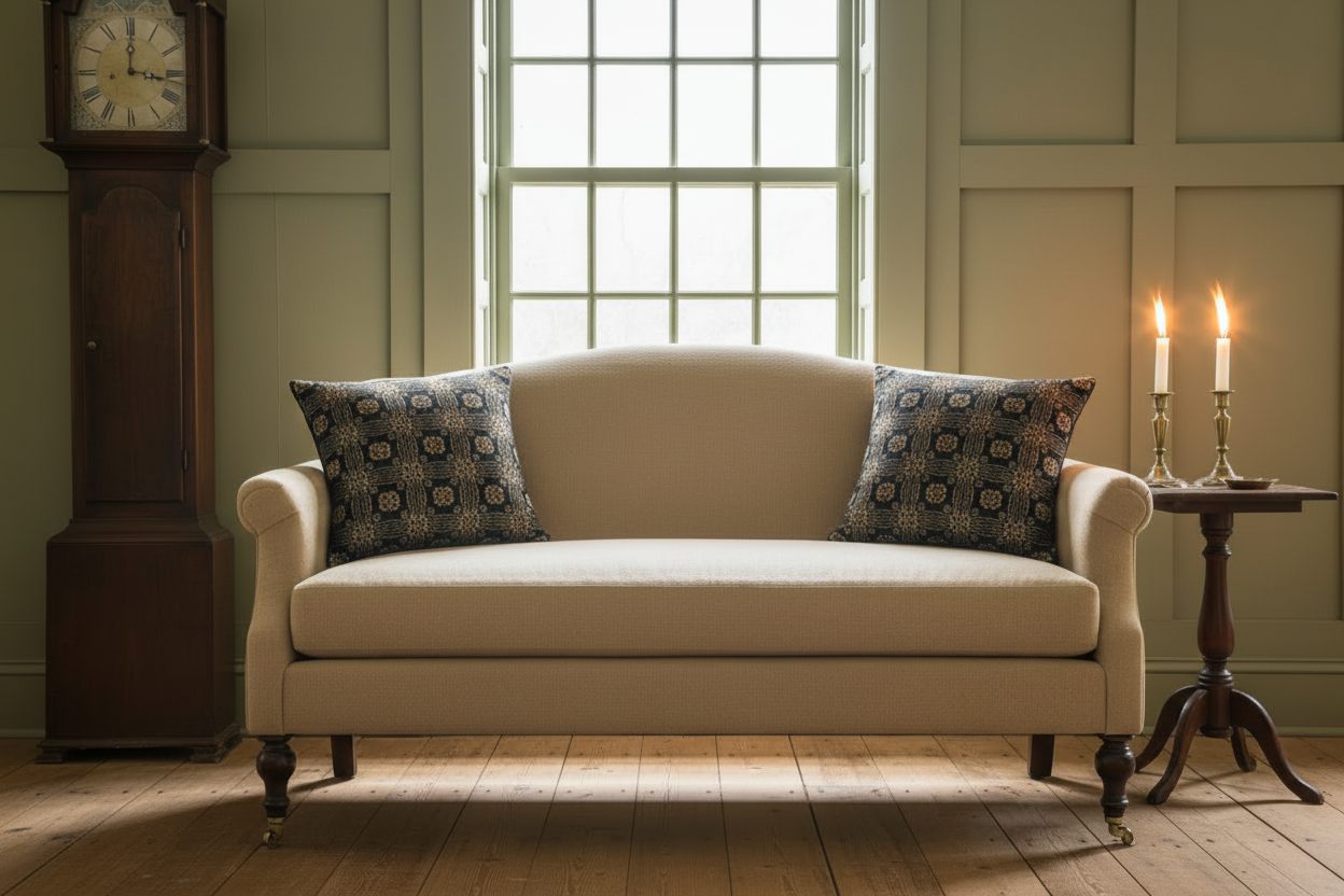Beige sofa with patterned cushions in a room with a grandfather clock and small table.