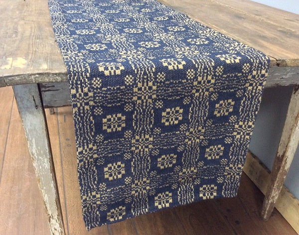 A navy and tan checkered table square laid out on a wooden table.