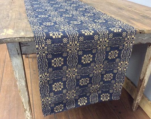 A navy and tan short table runner with a geometric pattern, draped over a rustic wooden table.