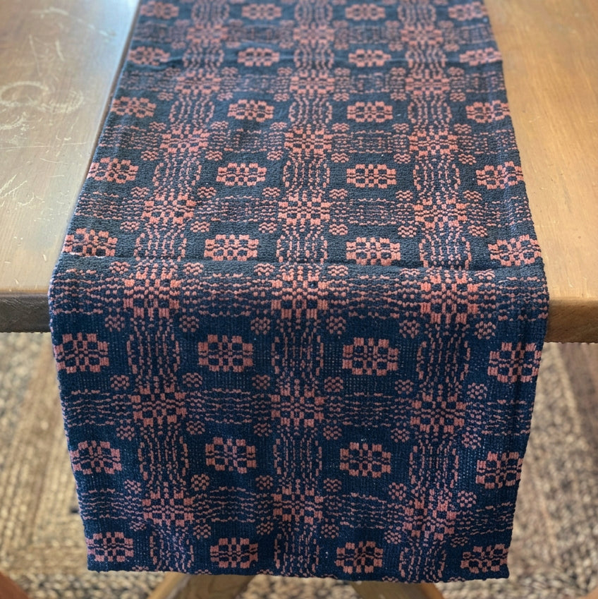 A short table runner with a geometric pattern featuring pumpkins and leaves, primarily in black and orange colors, laid out on a wooden table.