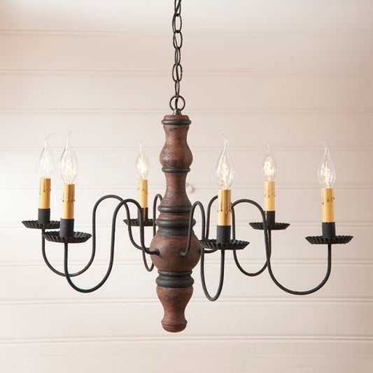Wooden chandelier with five candle-style lights on a plain background
