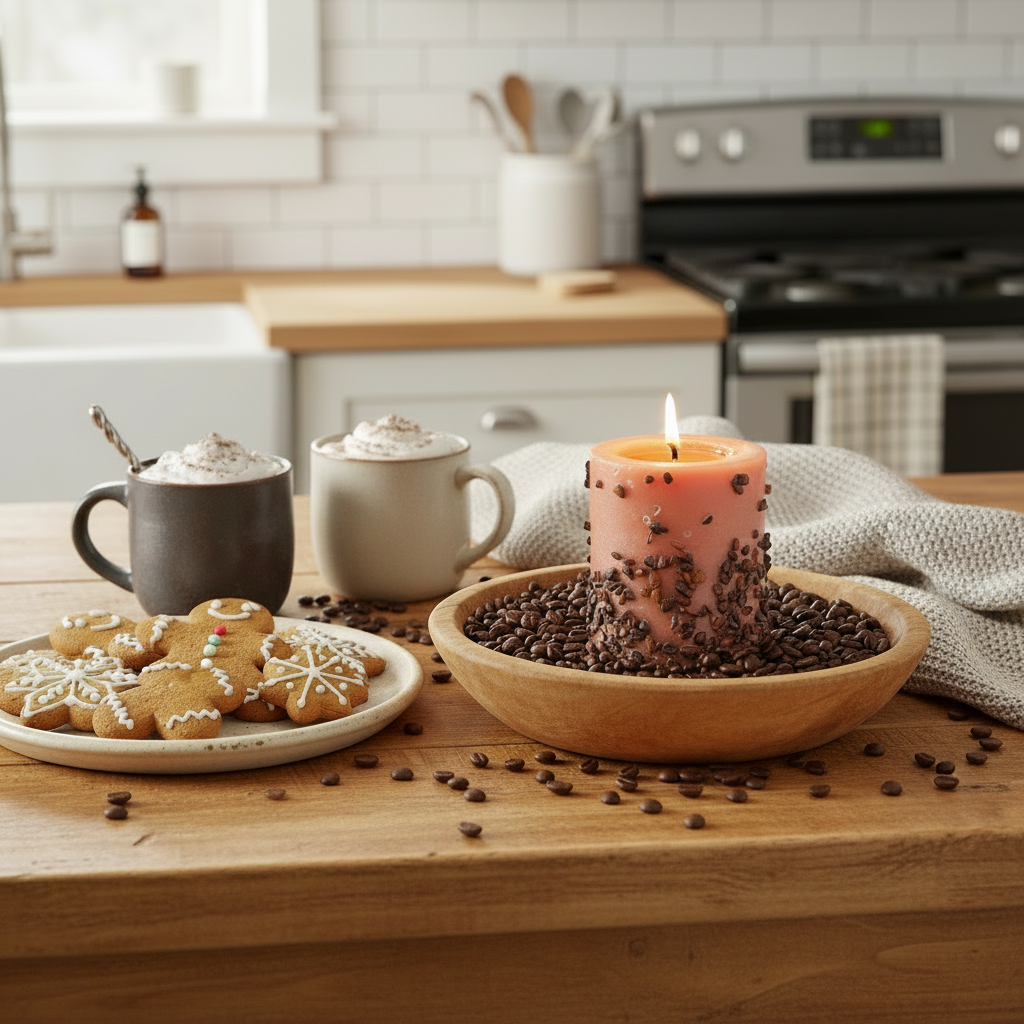 Coffees with whipped cream, cookies, and a candle on a kitchen counter.