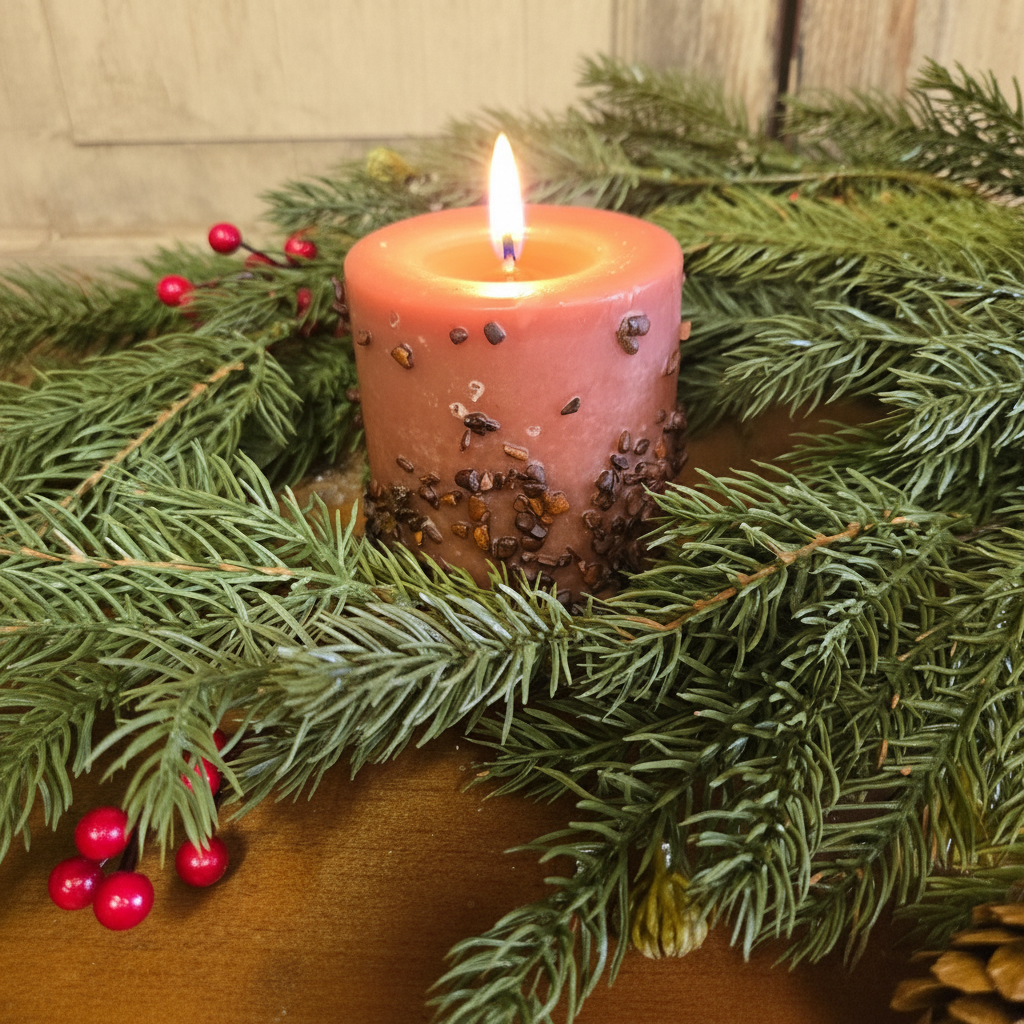 Pink candle with decorative elements on a bed of greenery and red berries.