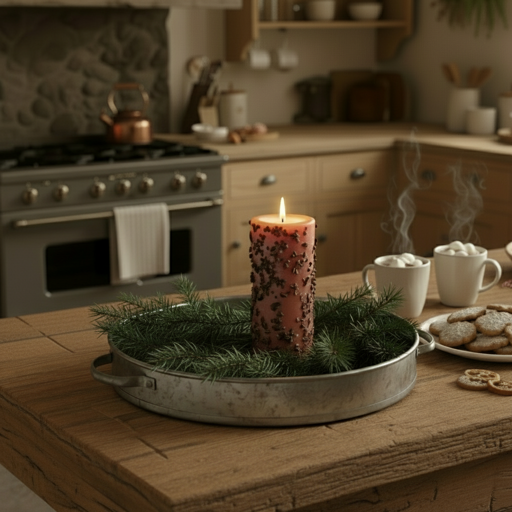Burning pillar on a tin tray in a kitchen setting.