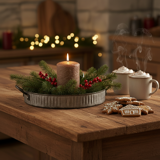 Candle with greenery and cookies on a wooden table with a warm, cozy background.