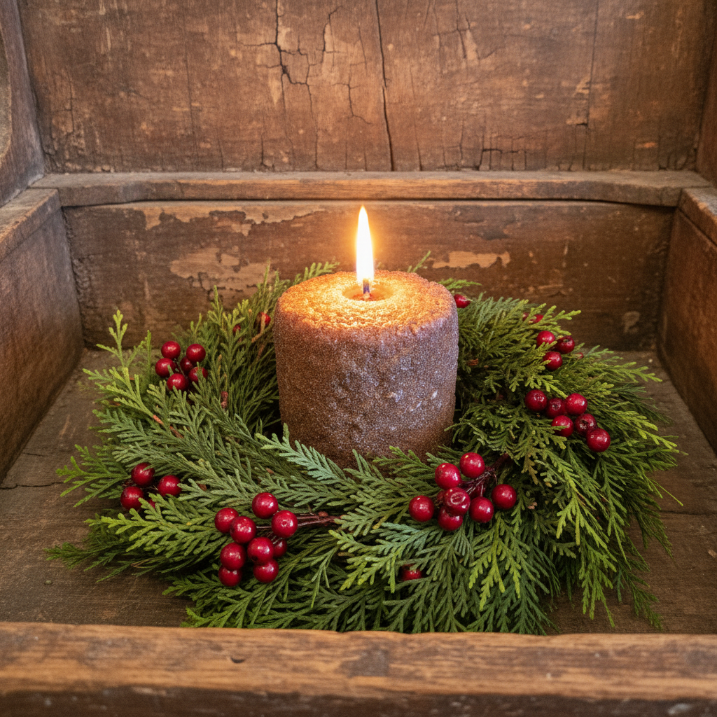 Candle in a wooden box with greenery and berries