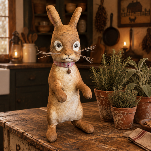 Bunny in primitive kitchen next to potted herbs with warm lighting in the room.