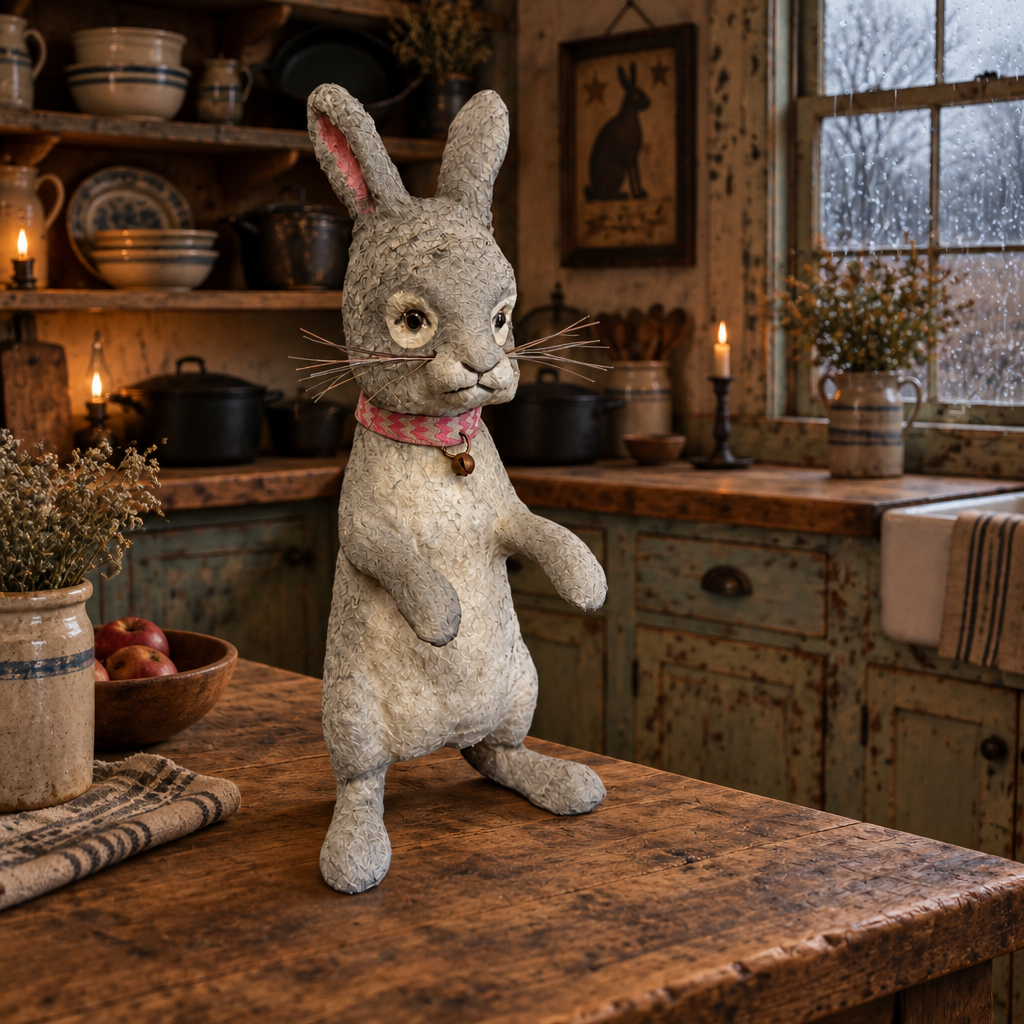 Bunny in a primitive kitchen on a rainy day.
