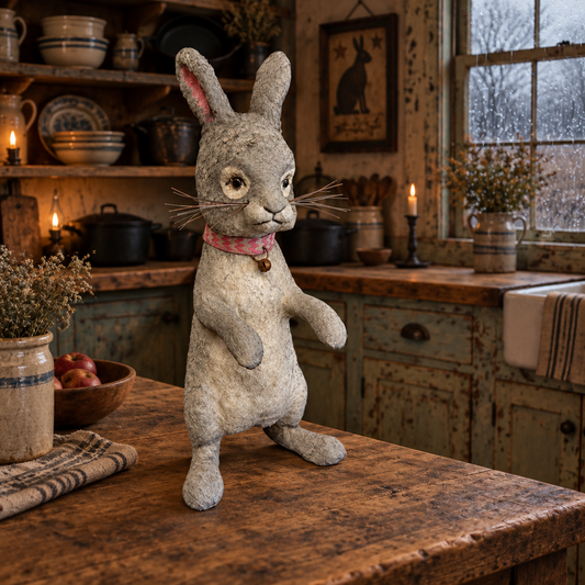 Bunny in a primitive kitchen on a rainy day.