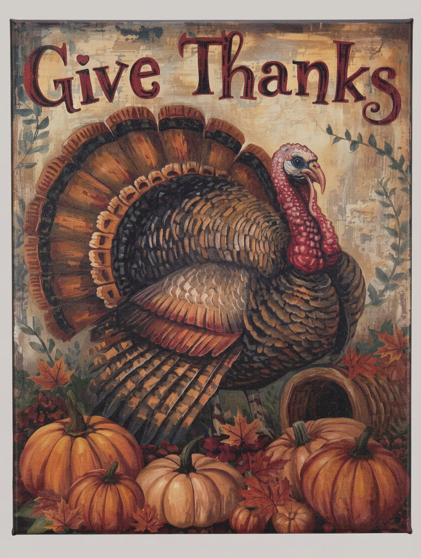 Rustic “Give Thanks” canvas print featuring a turkey with fanned tail feathers, orange and cream pumpkins, autumn leaves, and a tipped wicker basket.