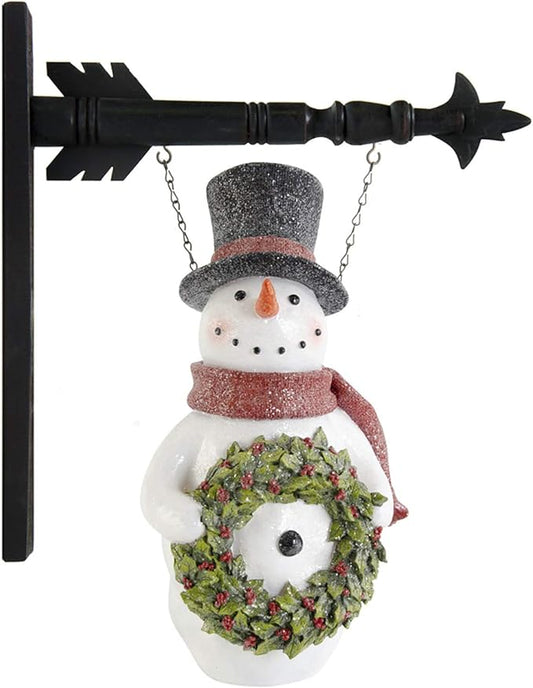 Decorative snowman with a wreath and top hat on a white background