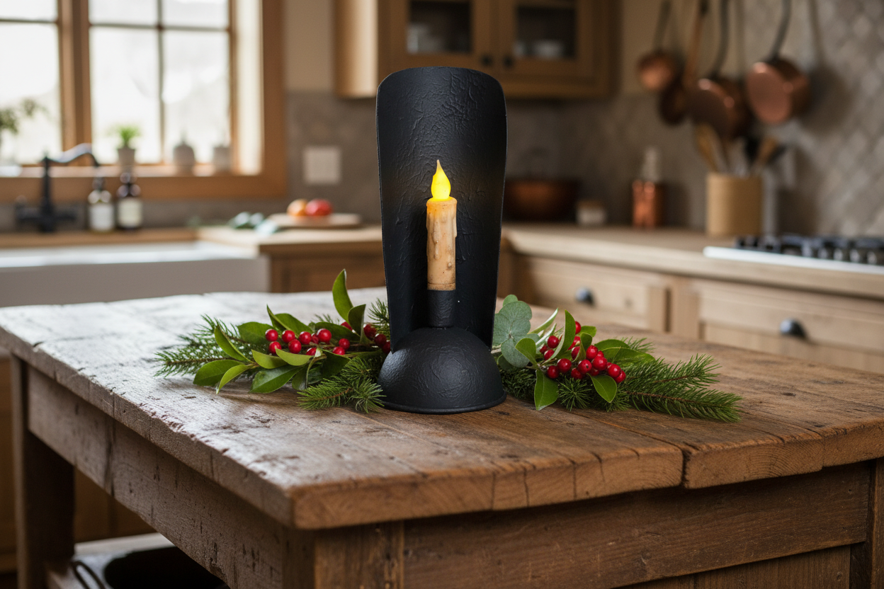 Black candle holder with a lit candle on a wooden kitchen island, surrounded by greenery and berries.