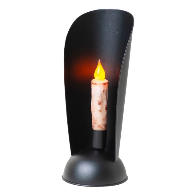 Black electronic candle holder with a lit candle on a white background
