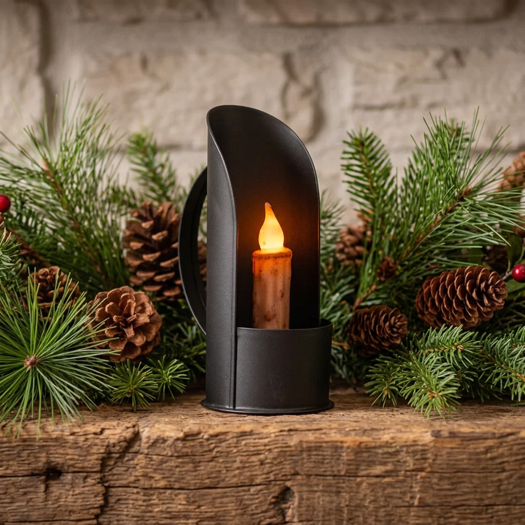 Black grain scoop taper candle holder with a glowing flameless candle, displayed on a rustic wooden mantel among evergreen branches and pinecones.