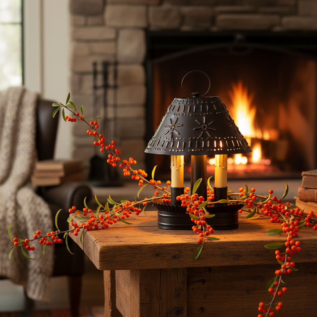 A black metal candle lantern with star cutouts sits on a rustic wooden table in a cozy living room, surrounded by red berry garlands, with a warm fire burning in the background.