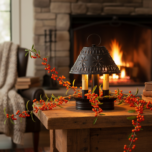 A black metal candle lantern with star cutouts sits on a rustic wooden table in a cozy living room, surrounded by red berry garlands, with a warm fire burning in the background.