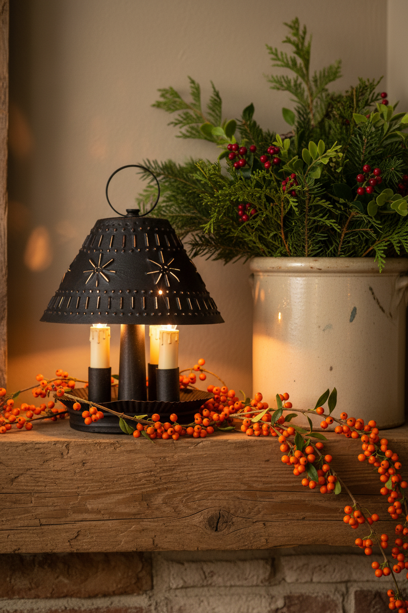 Decorative lantern with candles on a wooden surface with greenery and berries.