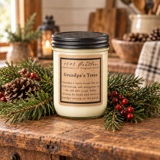 A jar candle labeled 'Grandpa's Trees' by 1403 Candle Co. sits on a rustic wooden table surrounded by evergreen branches, pinecones, and red berries in a warm, decorated indoor setting.