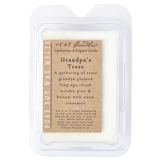 Wax melt package labeled 'Grandpa's Trees' with text on a white background