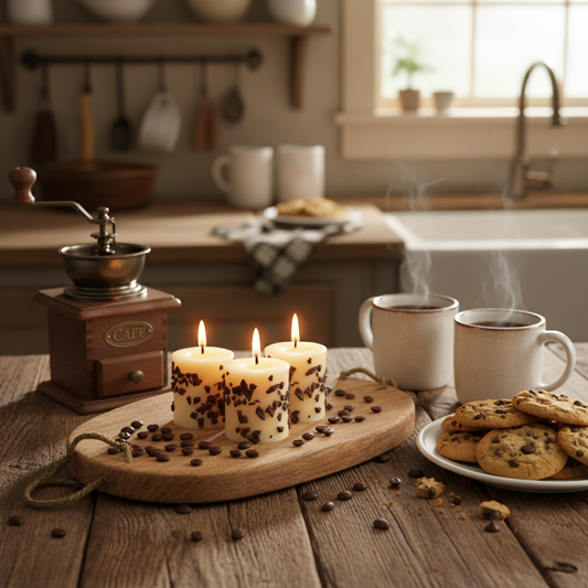 Votive candles in a kitchen setting with cookies and mugs of coffee.