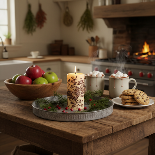 Cozy kitchen scene with a lit candle, hot chocolate, cookies, and fruit on a wooden table.