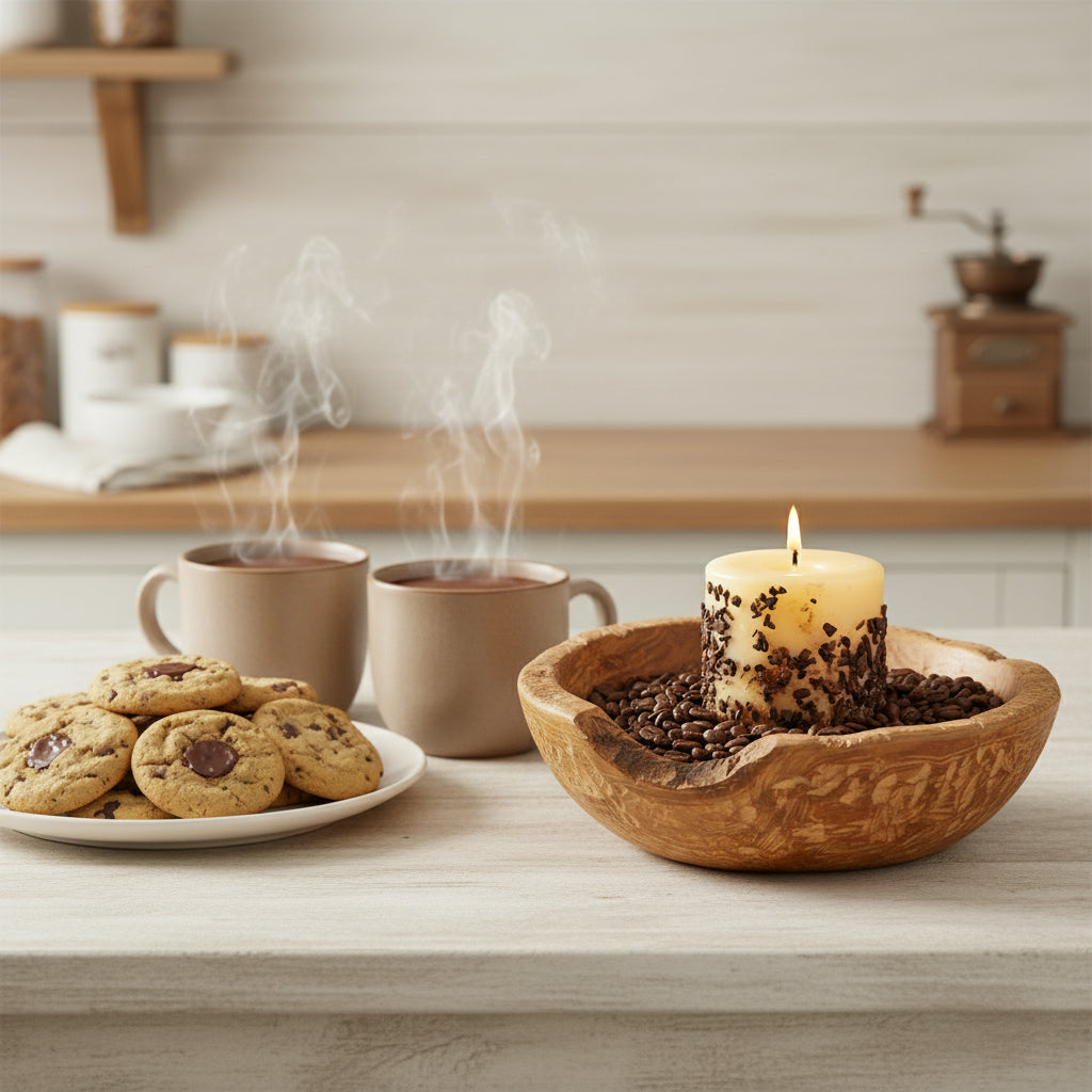 Two steaming mugs, a plate of cookies, and a candle in a wooden bowl on a table.