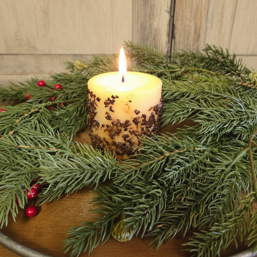 Candle in a wreath with greenery and berries on a wooden surface
