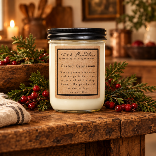 A glass jar candle with a black lid and a vintage-style label reading '1603 Candle' and 'Grated Cinnamon' sits on a rustic wooden table surrounded by pine branches, red berries, and a folded cloth in a warm, softly blurred indoor setting.