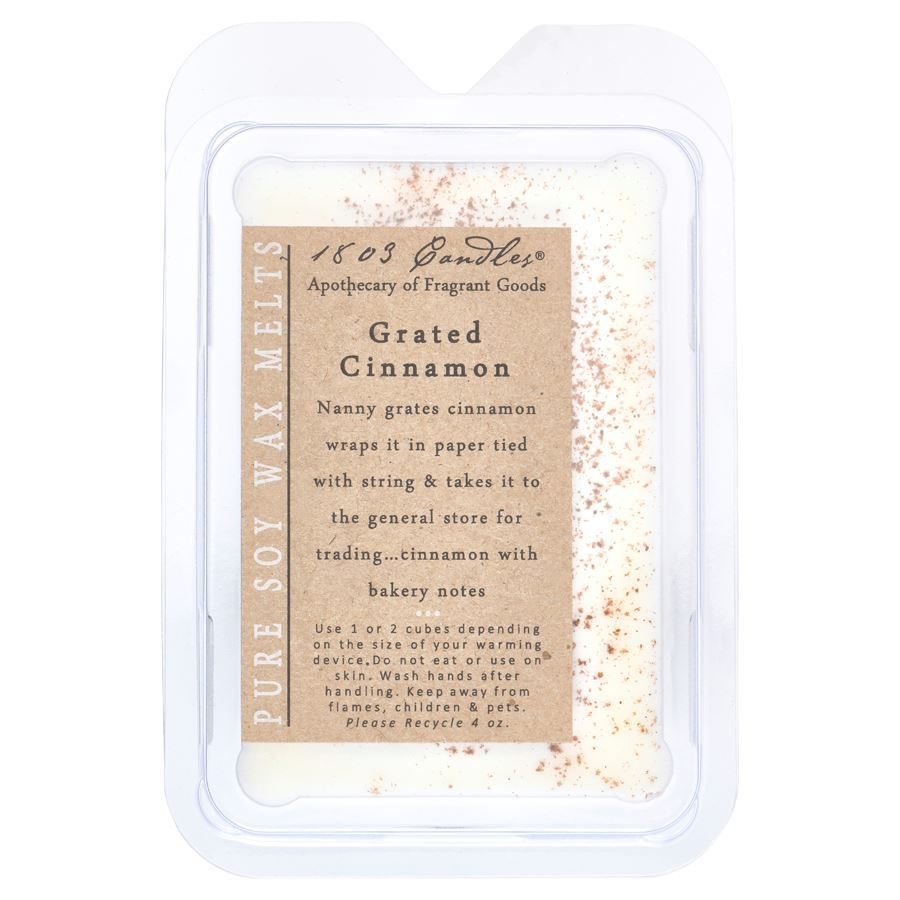 Grated Cinnamon wax melt packaging with text on a white background