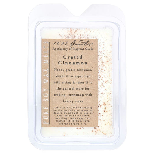 Grated Cinnamon wax melt packaging with text on a white background