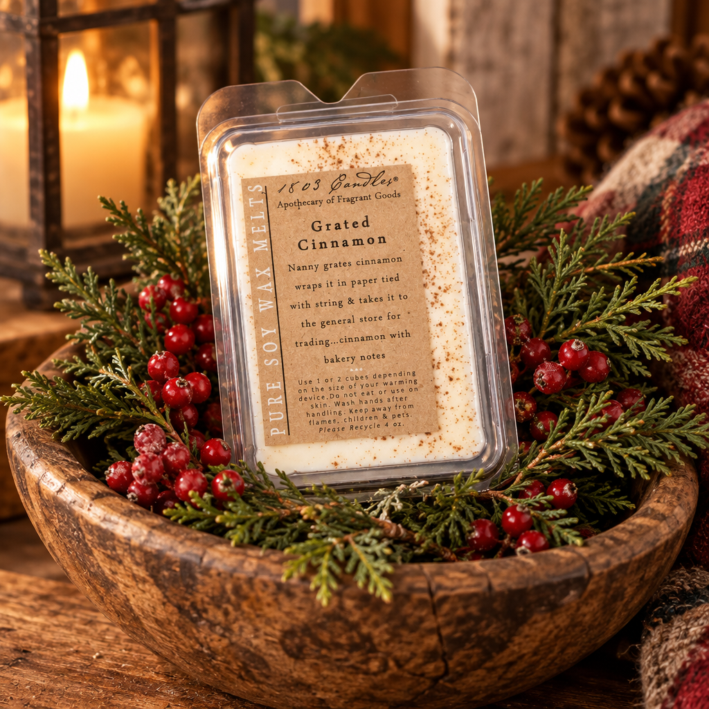 A clear plastic clamshell wax melt container labeled '1863 Innkeeper Grated Cinnamon' stands in a rustic wooden bowl filled with evergreen branches, red berries, and a plaid blanket. A warm candle glows in the background.