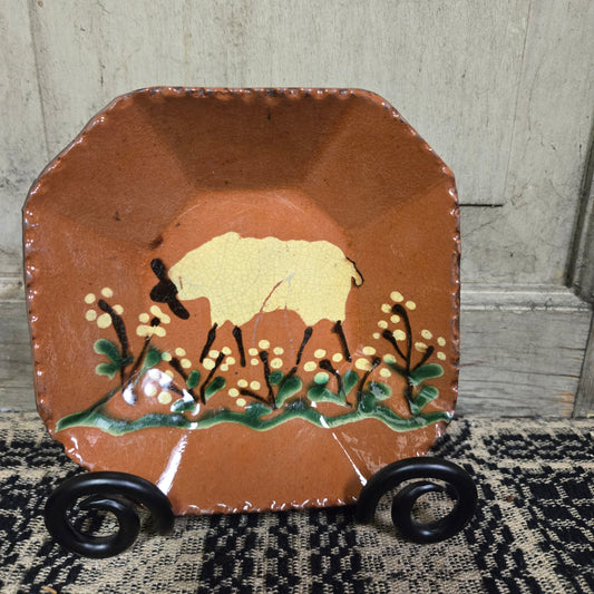 Octagonal redware sheep with a grazing sheep and flowers