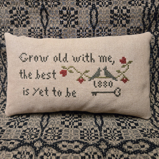 Decorative pillow with cross-stitched design and text on a patterned fabric background