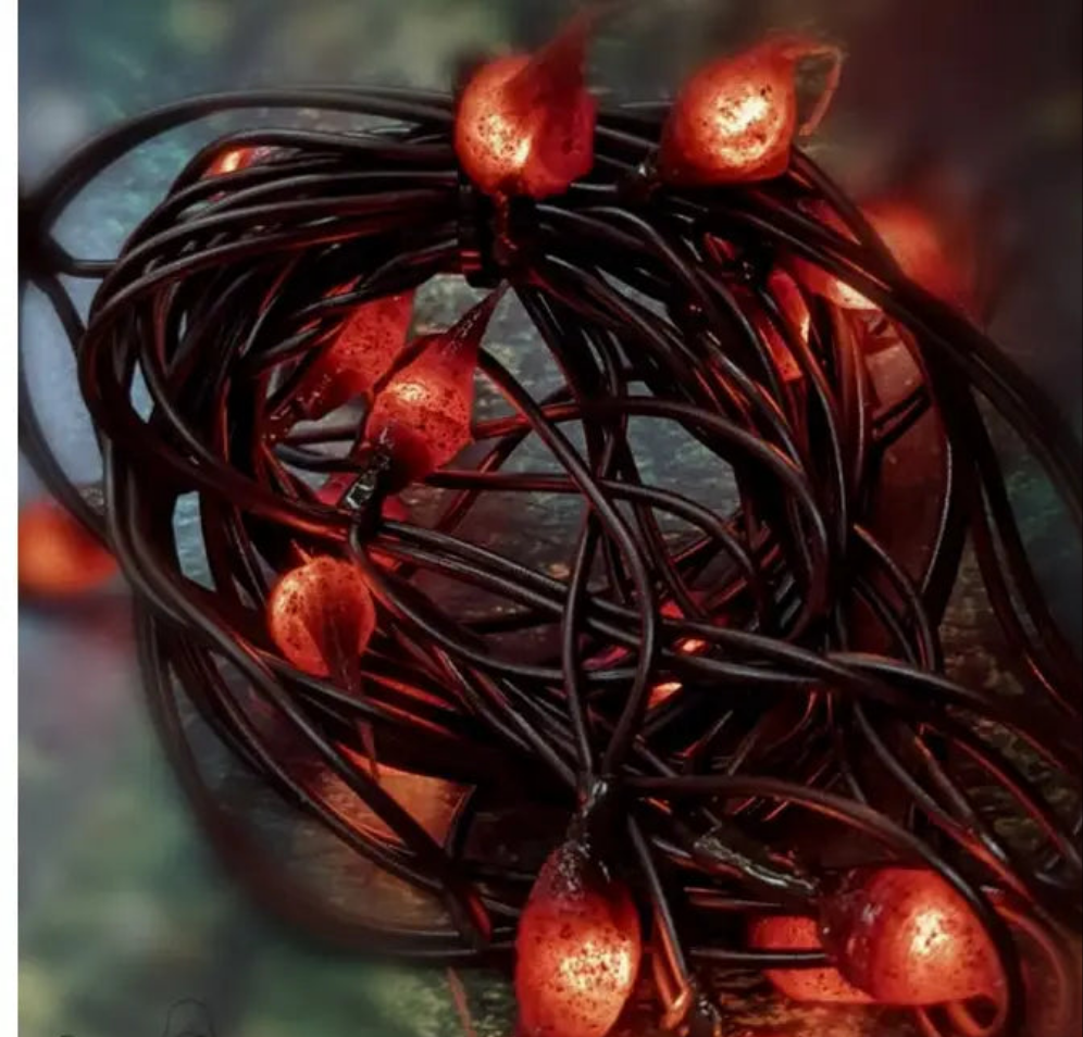 A close-up image of a strand of silicone string lights with visible LED lights glowing in the dark.