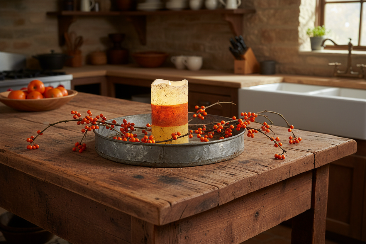 Decorative candle in a metal tray on a wooden table in a kitchen.