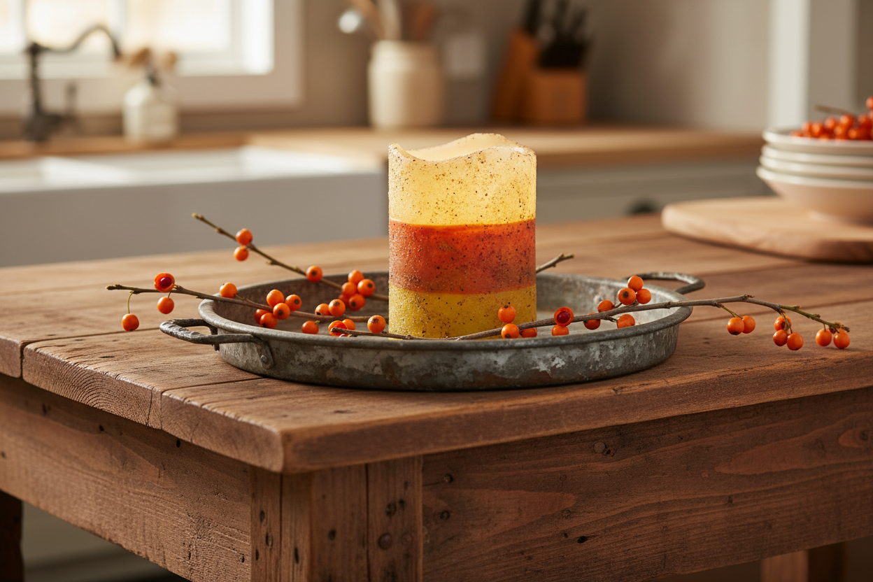 Decorative candle on a metal tray with berries on a wooden table in a kitchen.