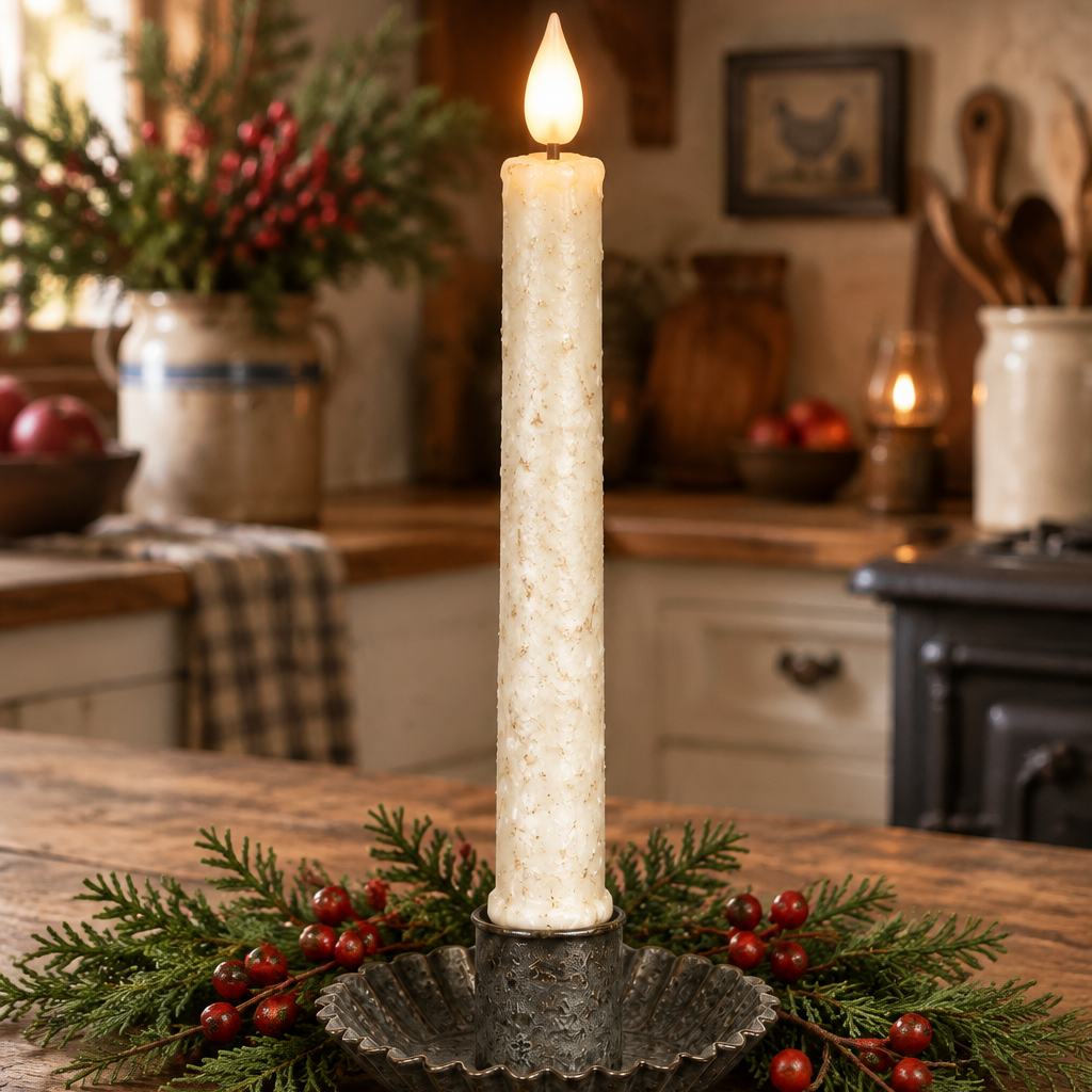A tall white pillar candle in a dark metal holder, lit and placed on a rustic wooden table with evergreen branches and red berries in a cozy kitchen setting.