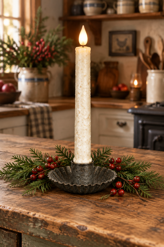 A tall white pillar candle in a dark metal holder, lit and placed on a rustic wooden table with evergreen branches and red berries in a cozy kitchen setting.