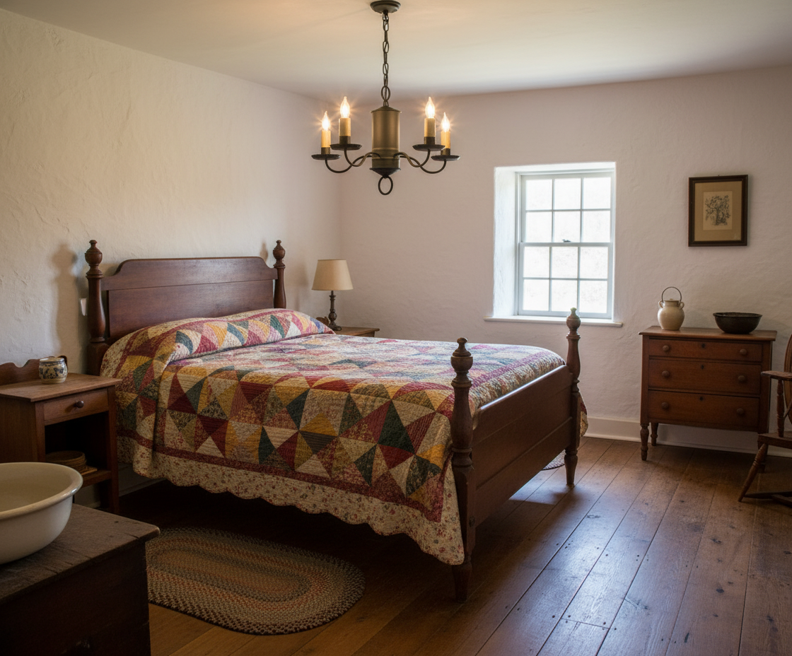 Wrought iron chandelier hanging in colonial bedroom with antique quilt on the bed.