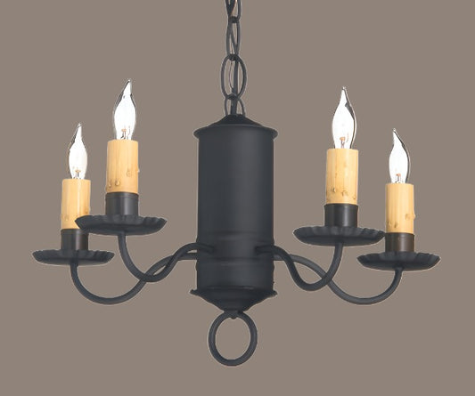 A Guilford wrought iron chandelier with five lights, featuring a black finish and a classic design, suitable for interior home lighting.