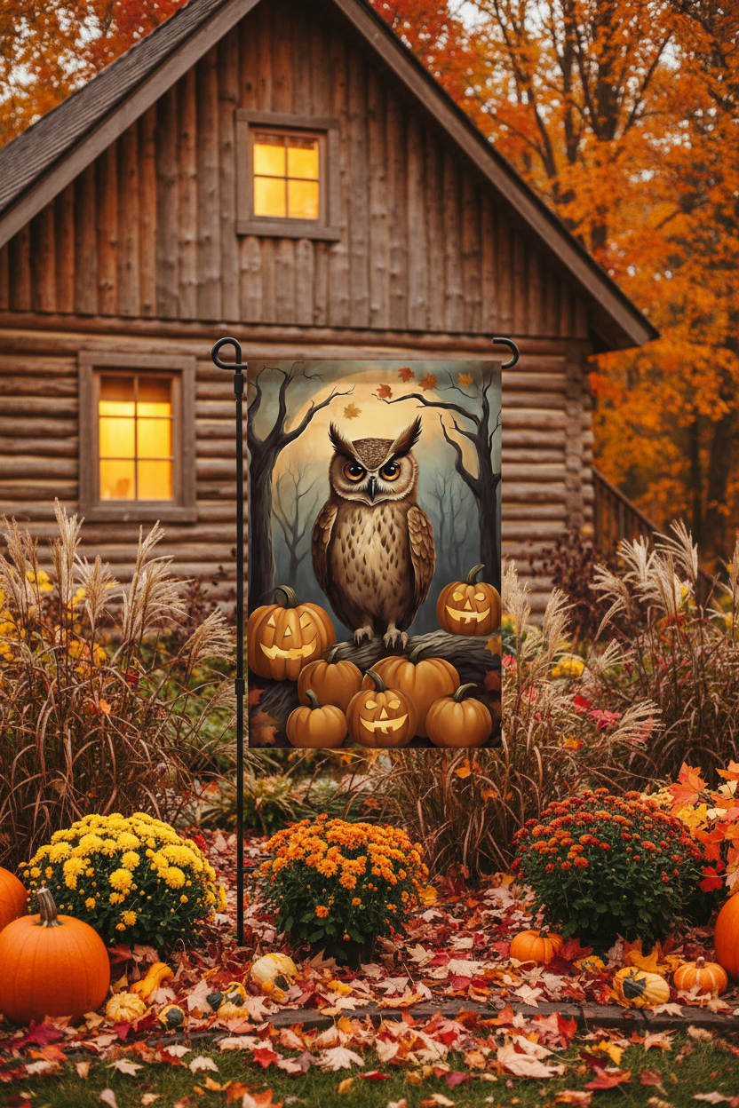 A decorative garden flag featuring an owl perched on carved pumpkins, displayed outdoors in a fall yard in front of a rustic wooden cabin with autumn foliage and pumpkins around it.