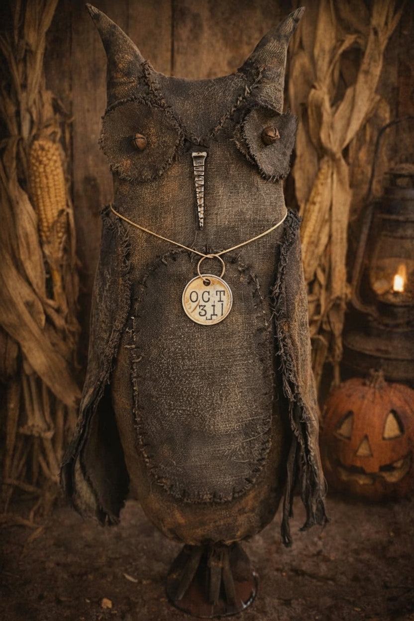 A rustic Halloween owl decoration made from dark fabric and faux fur, featuring a gold-tone collar with a circular pendant that reads 'OCT 31'. The owl is posed against a dark, thematic background with dried corn, a lantern, and a jack-o'-lantern.