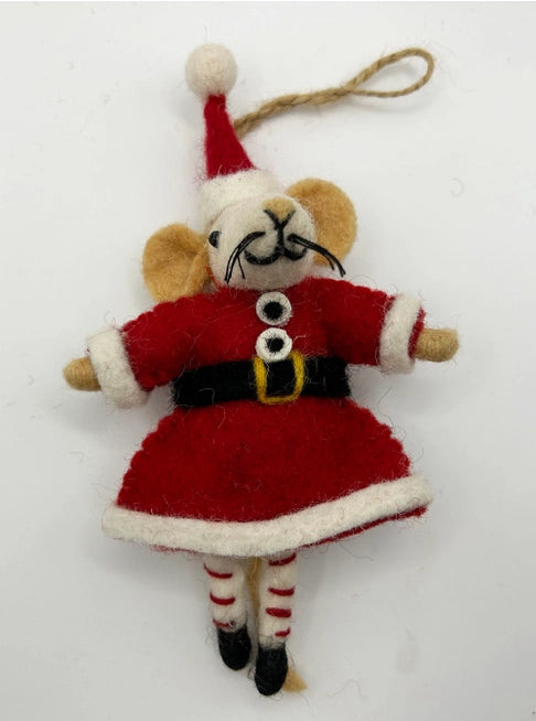 Handmade felt ornament resembling a mouse dressed in a Santa Claus outfit, with red and white colors, black details, and a beige face.