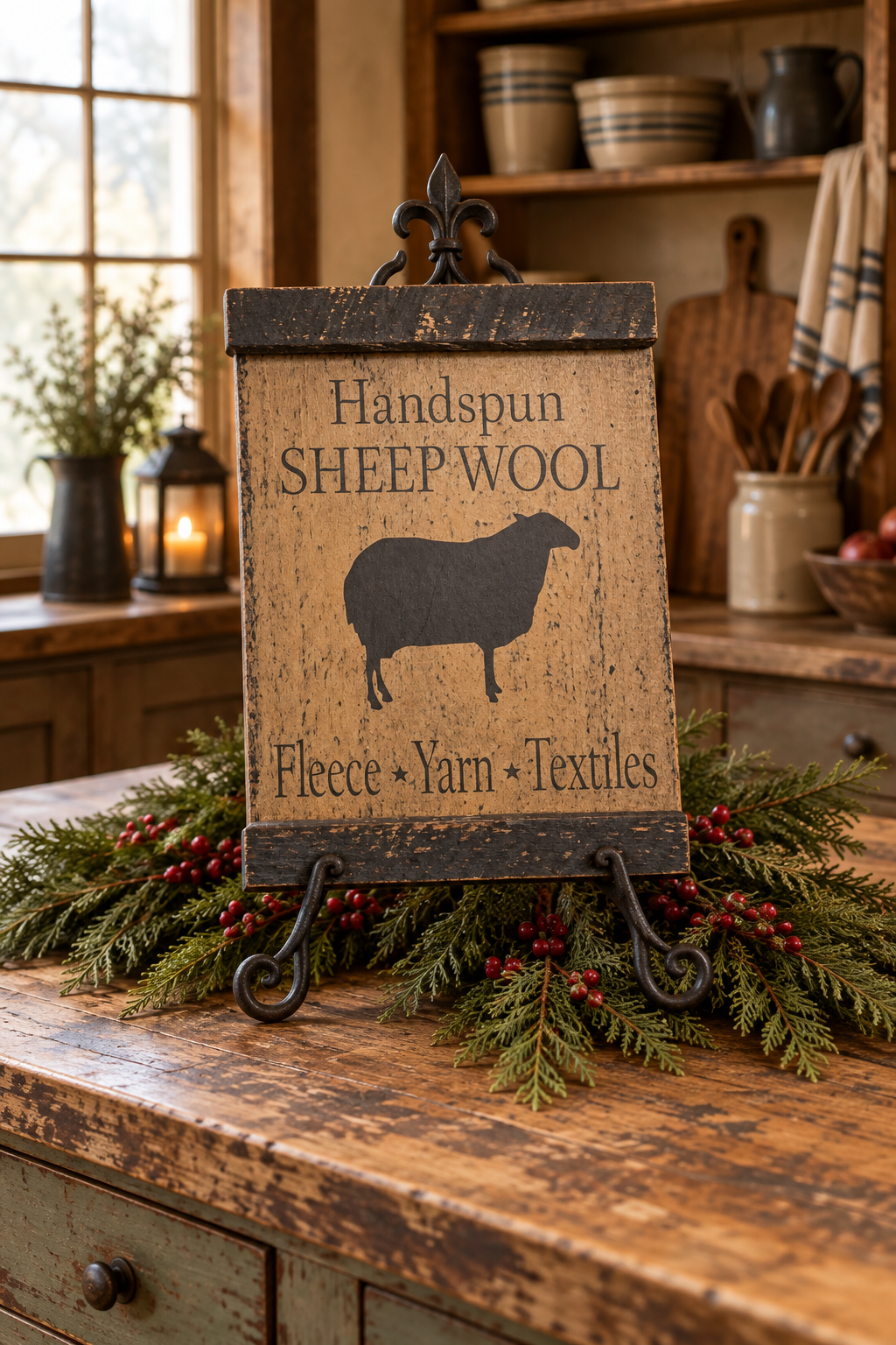 A rustic wooden sign on a black metal easel stand in a cozy kitchen setting. The sign reads 'Handspun SHEEP WOOL' with a black sheep silhouette and 'Fleece • Yarn • Textiles' below.