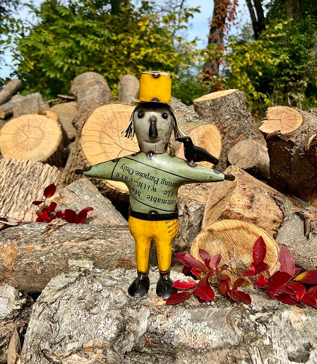 Animated character with a yellow hat and green shirt standing on logs with trees in the background