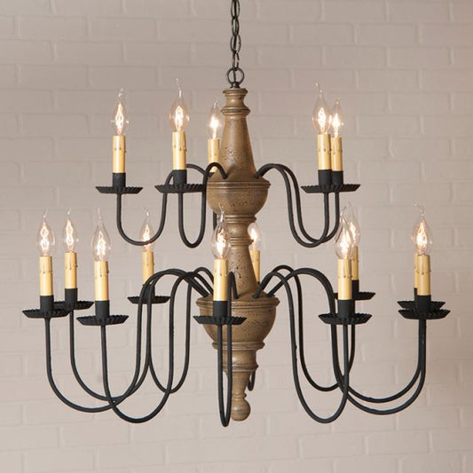 Vintage-style chandelier with multiple candle-like lights on a neutral background