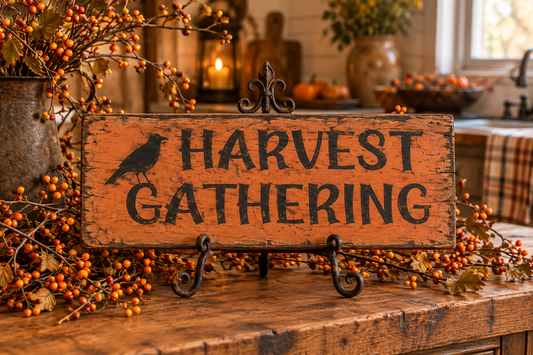 A rustic wooden sign with the words “HARVEST GATHERING” in black lettering, featuring a black bird silhouette on the left. The sign is displayed on a wooden table surrounded by autumn decorations, including orange berries, a candle, and a vase, with a warm, cozy background.