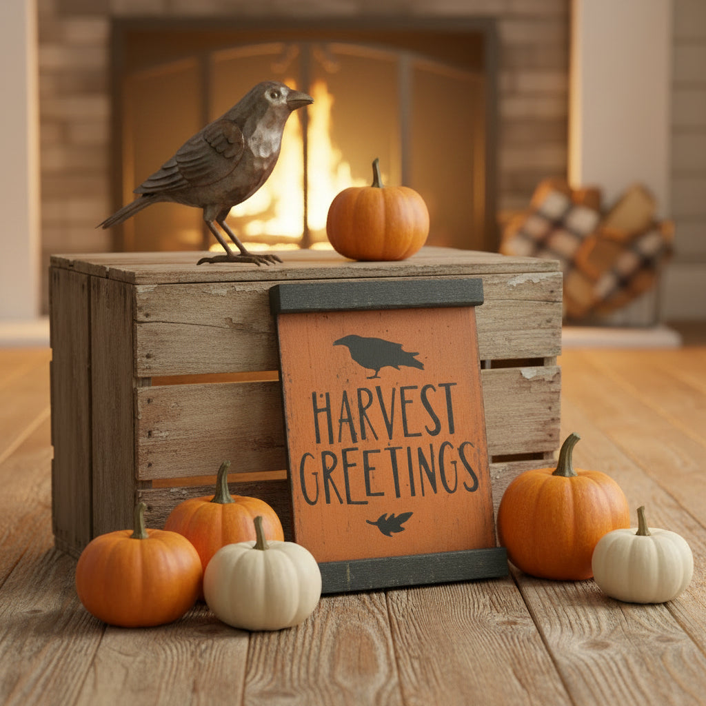 Wooden sign with 'Harvest Greetings' text and bird silhouette on a dark background