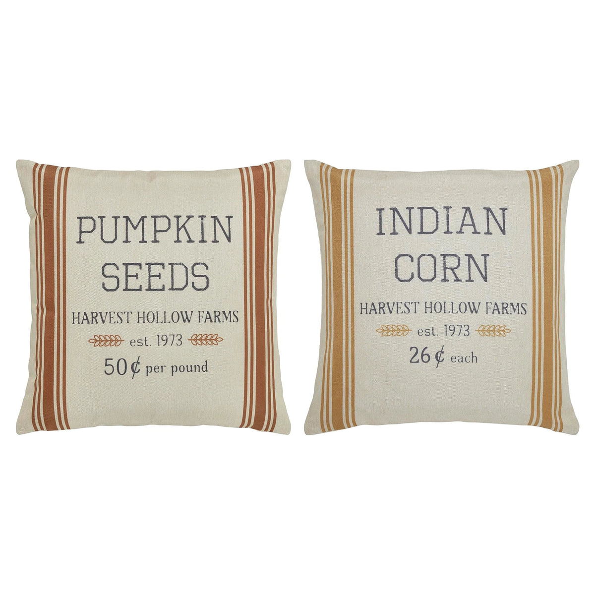 Two cream Harvest Hollow Farms pillow covers with Pumpkin Seeds and Indian Corn designs, shown side by side on white.
