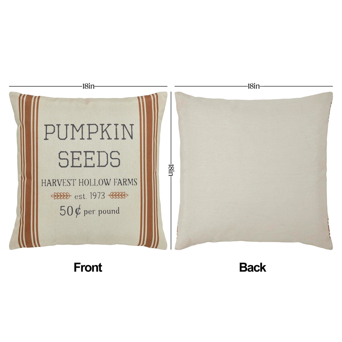 Front and plain cream back of the Pumpkin Seeds pillow cover, with dimensions marked 18 by 18 inches.